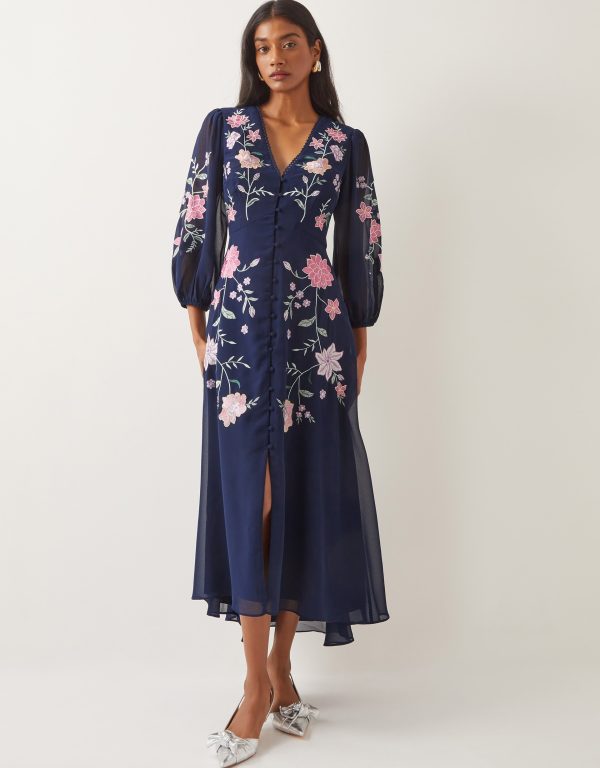 Emani Floral Embroidered Midi Tea Dress Blue