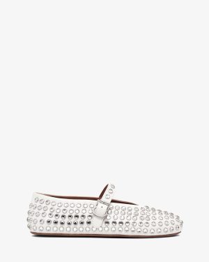 Embellished white leather ballet flats