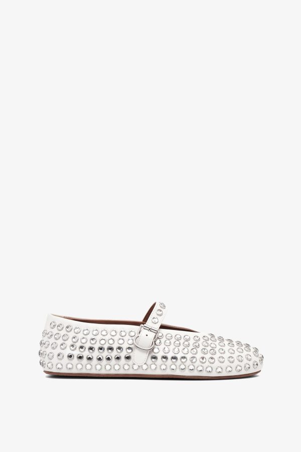 Embellished white leather ballet flats