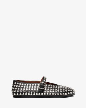 Embellshed black leather ballet flats