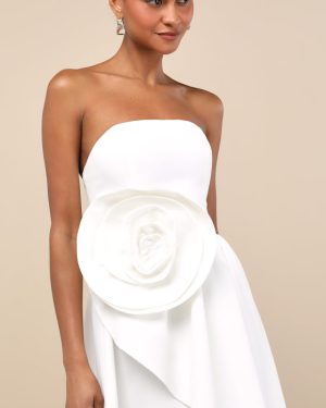 Emiliana White 3D Rosette Strapless High-Low Maxi Dress