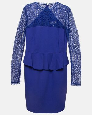 Emilio Pucci Blue Lace Trim Stretch Crepe Peplum Pencil Dress L