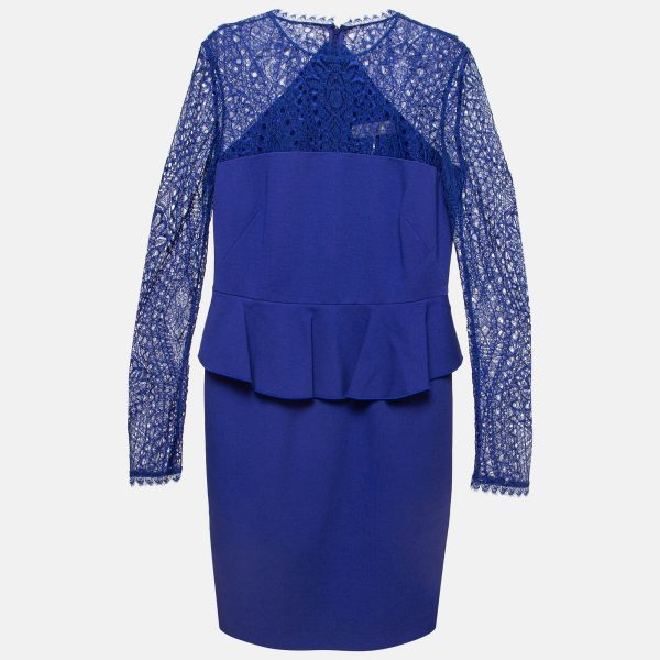 Emilio Pucci Blue Lace Trim Stretch Crepe Peplum Pencil Dress L