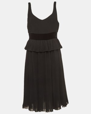 Emporio Armani Black Velvet Trim Crepe Pleated Midi Dress M