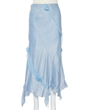 Emporio Armani Blue Linen & Silk Floral Applique Trim Detail Midi Skirt M