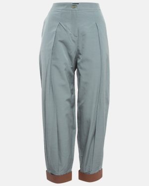 Emporio Armani Grey Leather Trim Crepe High Waist Pants M