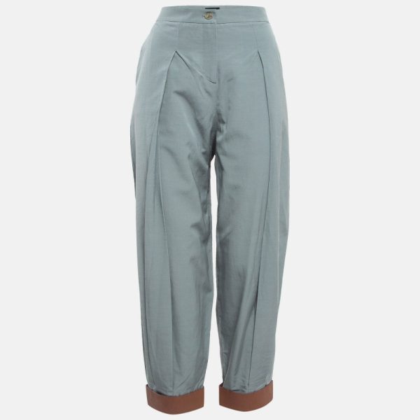 Emporio Armani Grey Leather Trim Crepe High Waist Pants M