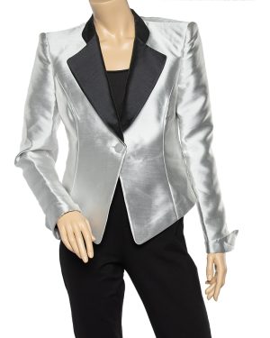 Emporio Armani Metallic Silver Synthetic Contrast Detail Cropped Blazer L