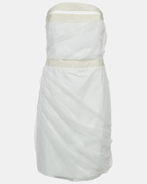 Emporio Armani Off White Tulle Ruched Halter Neck Mini Dress S