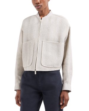 Emporio Armani Woven Nappa Leather & Linen Bomber Jacket with Oversize Front Pockets