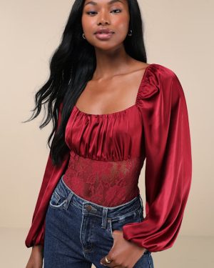 Endless Aura Wine Red Satin Balloon Sleeve Sheer Lace Bodysuit