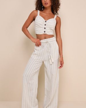 Endless Leisure Beige Multi Striped Smocked Waist Wide-Leg Pants