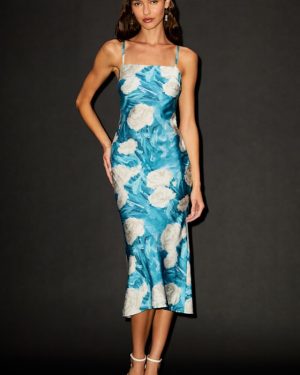 Endlessly Effortless Blue Floral Abstract Satin Slip Midi Dress