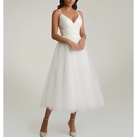 Engagement Little White Dresses Wedding Dresses A-Line V Neck Spaghetti Strap Tea Length Satin Bridal Gowns With Pleats Appliques 2025