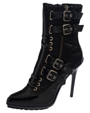 Enio Silla For Le Silla Black Patent Leather And Nylon Platform Ankle Boots Size 39.5