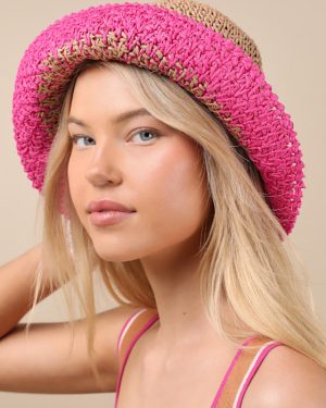 Enise Tan and Hot Pink Straw Bucket Hat