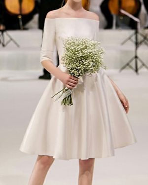 Eric White Short Wedding Dresses Off The Shoulder Half Sleeves A Line Natural Waist Satin Fabric Knee Length Bridal Gowns