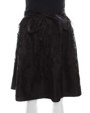 Ermanno Scervino Black Cashmere and Silk Bend Floral Lace A Line Skirt S