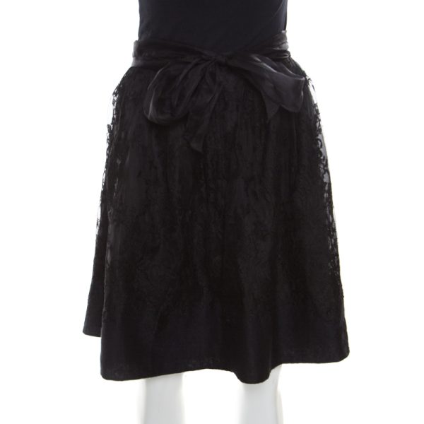 Ermanno Scervino Black Cashmere and Silk Bend Floral Lace A Line Skirt S