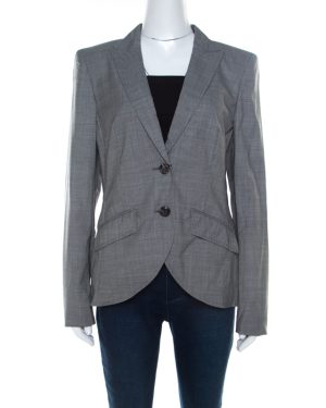 Escada Grey Wool Blend Houndstooth Patterned Double Button Blazer M
