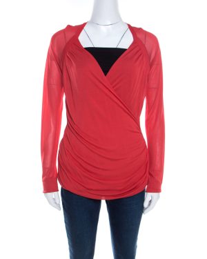 Escada Lipstick Red Stretch Knit Draped Faux Wrap Bodice Top M