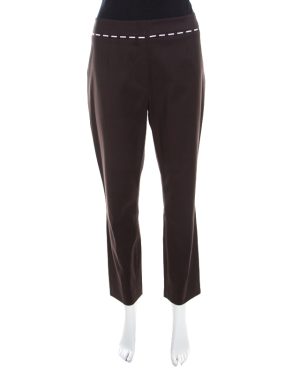 Escada Mocca Brown Stretch Cotton Embroidered Waist Detail Cropped Pants L
