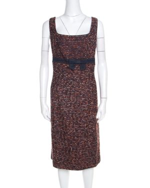 Escada Multicolor Tweed Denim Bow Detail Sleeveless Shift Dress XL
