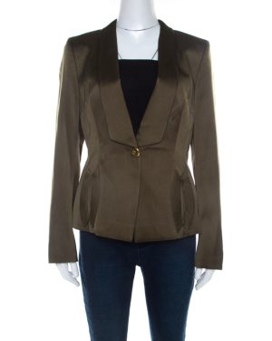 Escada Olive Green Silk Satin Tailored Blazer M