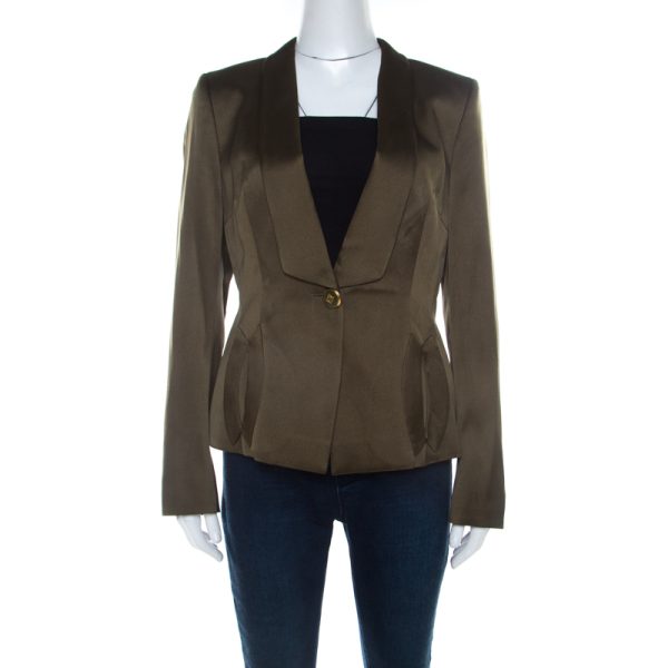 Escada Olive Green Silk Satin Tailored Blazer M