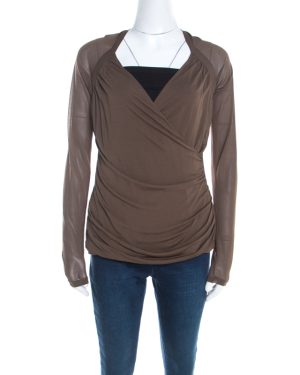 Escada Olive Green Stretch Knit Draped Faux Wrap Bodice Top M