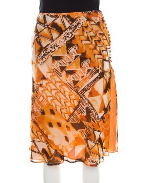 Escada Orange Abstract Print Silk Georgette A Line Skirt L