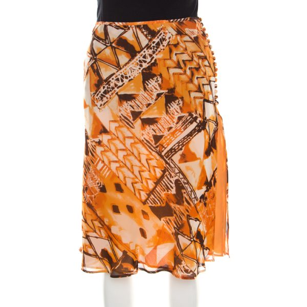 Escada Orange Abstract Print Silk Georgette A Line Skirt L