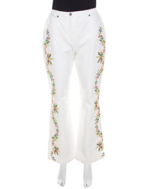 Escada White Cotton Stretch Denim Floral Embroidered Detail Flared Trousers M