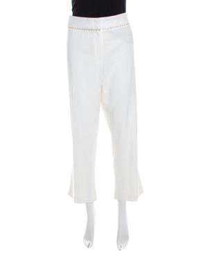 Escada White Stretch Cotton Embellished Waist Detail Cropped Tonikka Pants XL