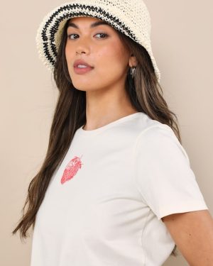 Esila White Striped Straw Bucket Hat
