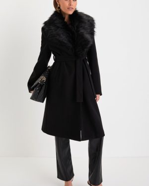 Essential Sophistication Black Faux Fur Collar Belted Coat