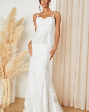 Eternal Passion White Lace Bustier Peplum Mermaid Maxi Dress