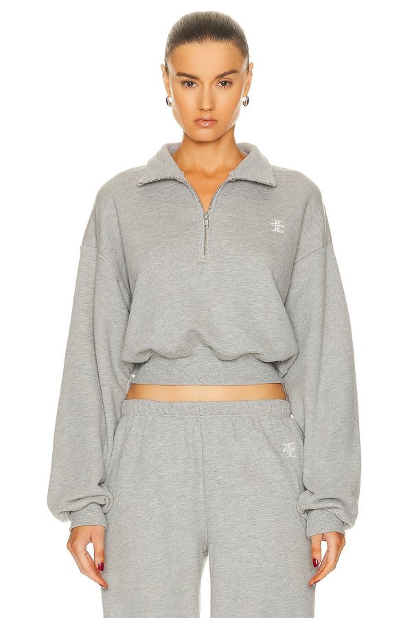 Eterne Cropped Half-Zip Sweatshirt in Heather Grey - Grey. Size L (also in XL, XS).