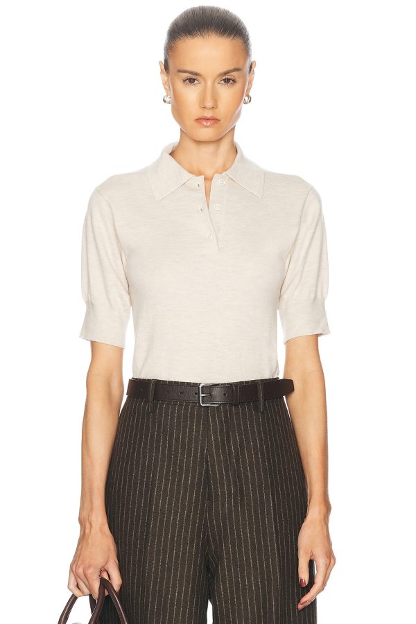 Eterne Journey Cashmere Polo Top in Oatmeal - Beige. Size M/L (also in ).