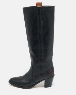 Etro Black Leather Western Carving Cowboy Knee Length Boots Size 40