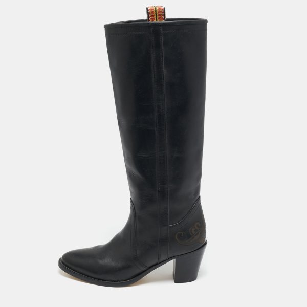 Etro Black Leather Western Carving Cowboy Knee Length Boots Size 40