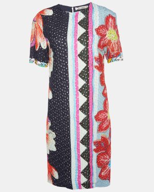 Etro Multicolor Floral Print Embroidered Crepe Shift Dress S