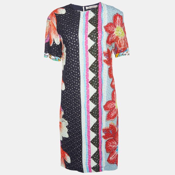 Etro Multicolor Floral Print Embroidered Crepe Shift Dress S