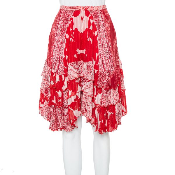 Etro Red Printed Silk Tiered Mini Skirt S
