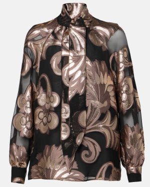 Etro Semi-sheer tie-neck lame blouse