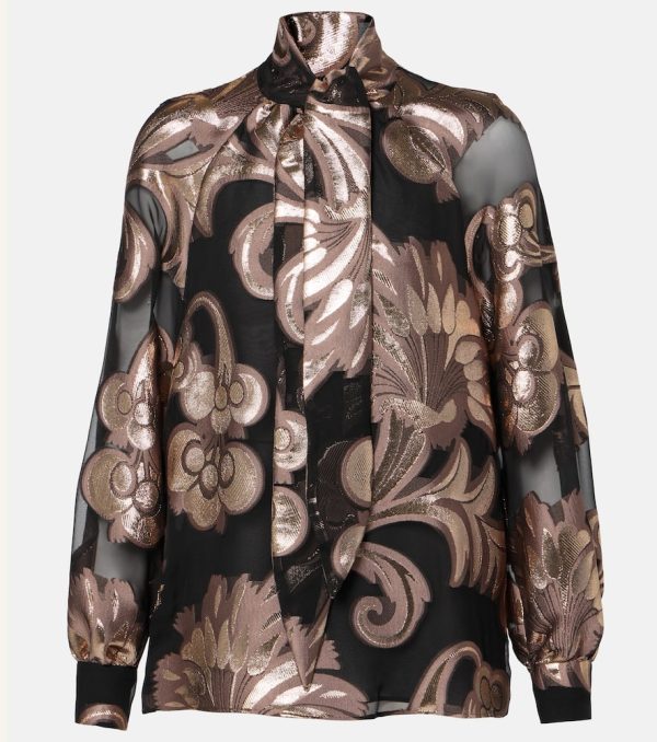 Etro Semi-sheer tie-neck lame blouse