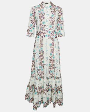 Etro White Floral Print Cotton Gathered Maxi Dress M