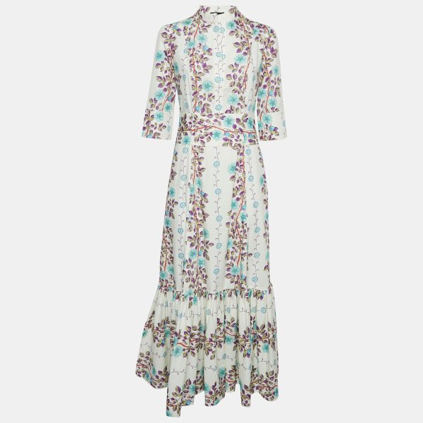 Etro White Floral Print Cotton Gathered Maxi Dress M
