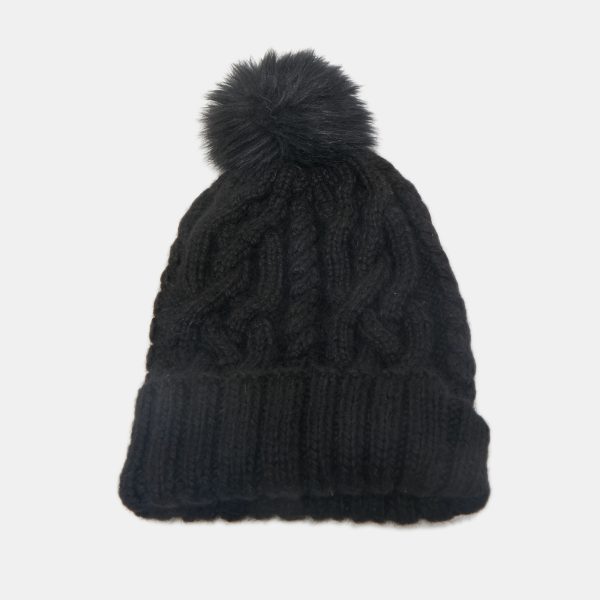 Eugenia Kim Black Baby Alpaca Cable Knit Pom Pom Beanie One Size