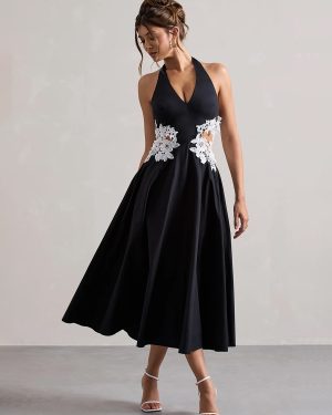 Evening Dress A-Line Designed Neckline Polyester Tea-Length Lace Formal Party Dresses